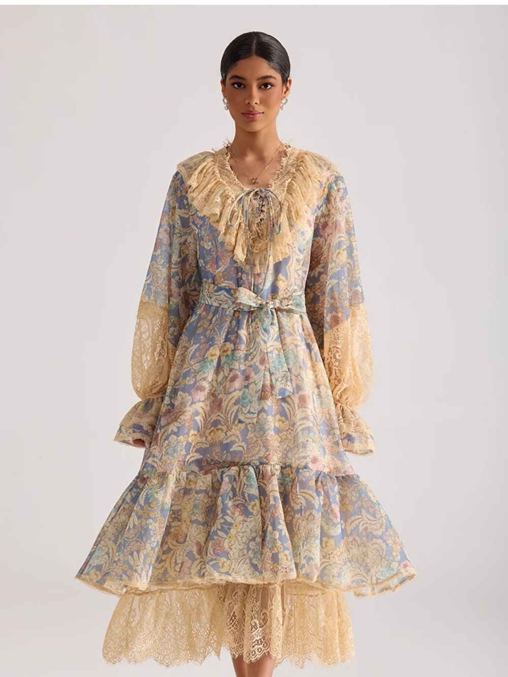 Designer-style Floral Lace Midi Dress in Pastel Blue and Cream
